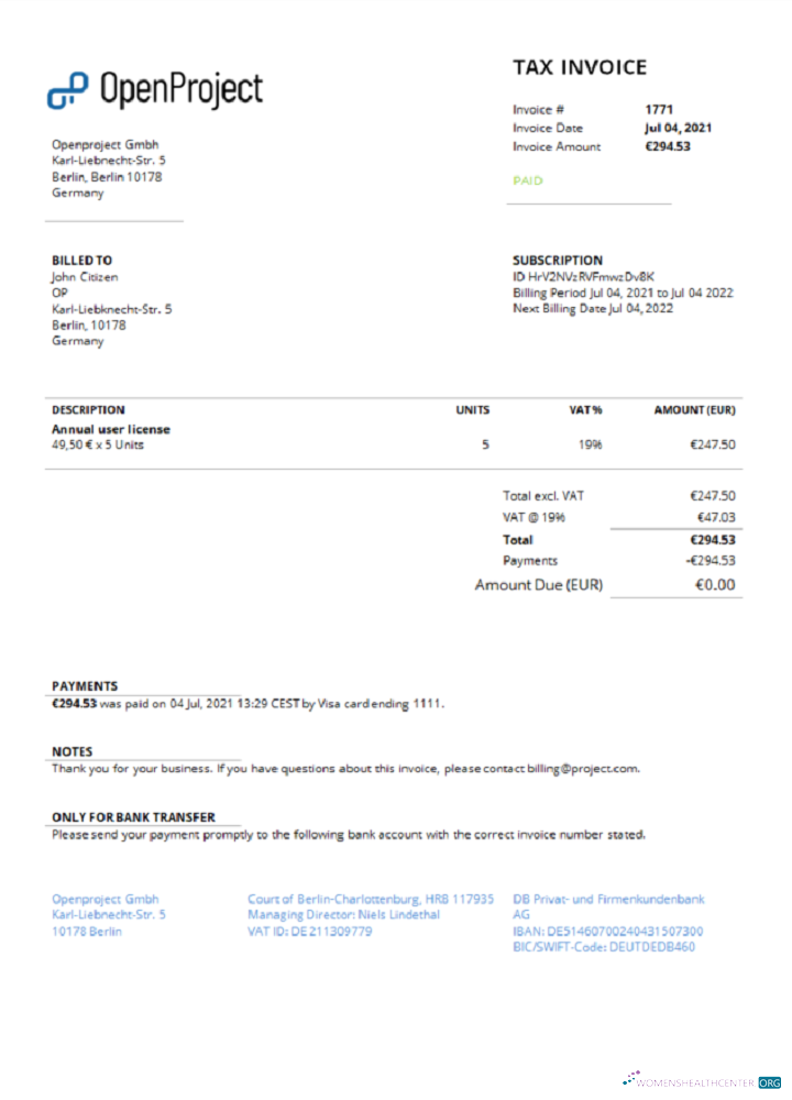Download Germany OpenProject leading open source project management software invoice Photoshop template